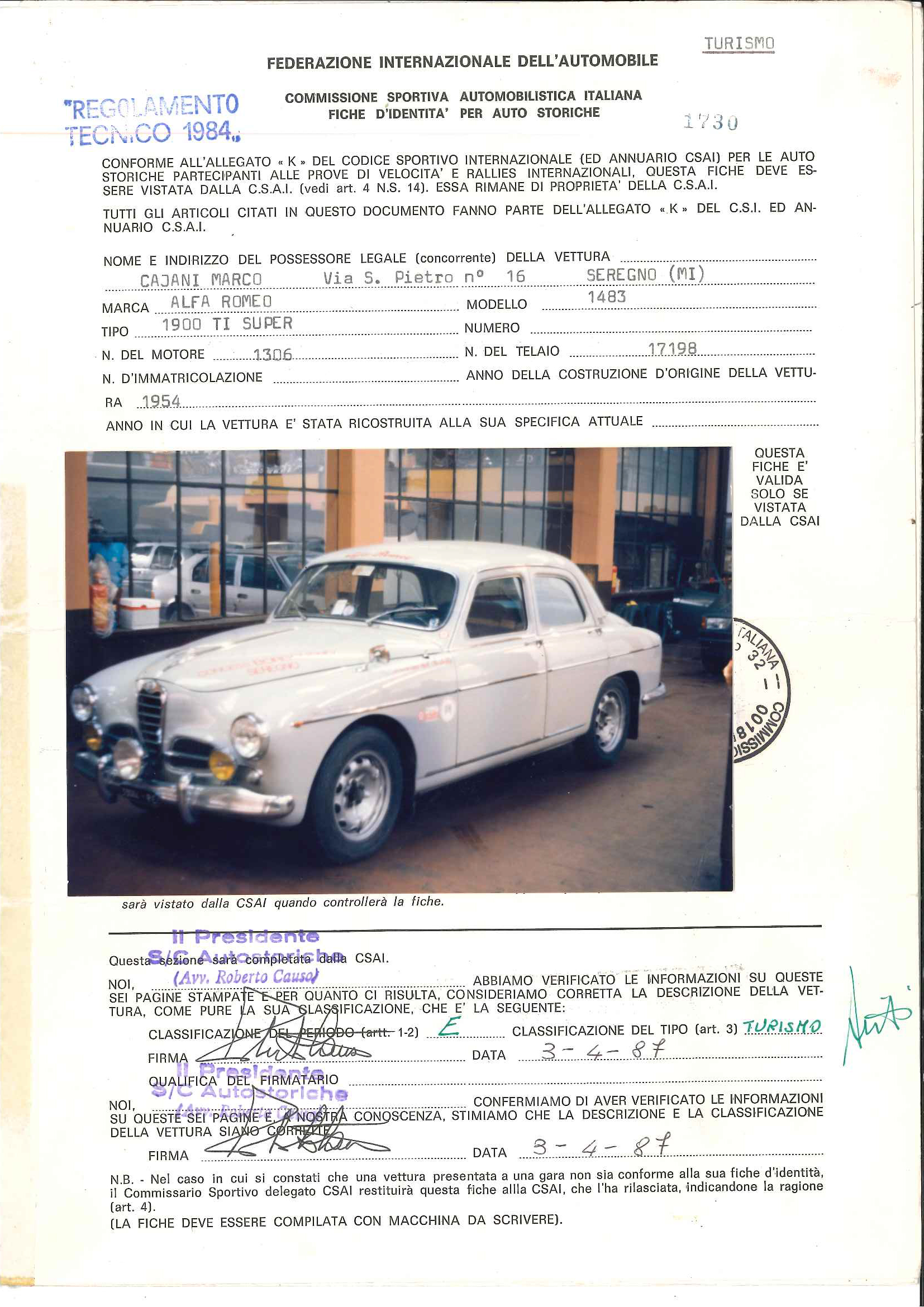 1900 SUPER ELABORATO TI SUPER DA ALFA ROMEO